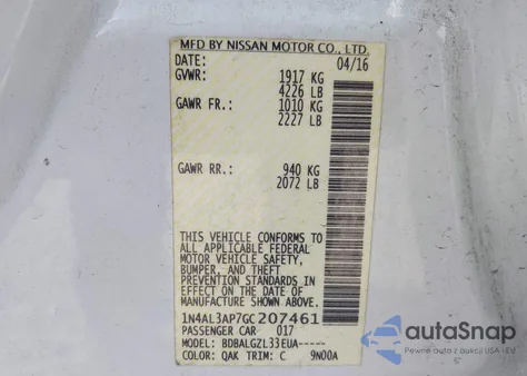 2016 Nissan Altima 2.5/2.5 S/2.5 Sl/2.5 Sr/2.5 Sv from USA, damaged, VIN 1N4AL3AP7GC207461